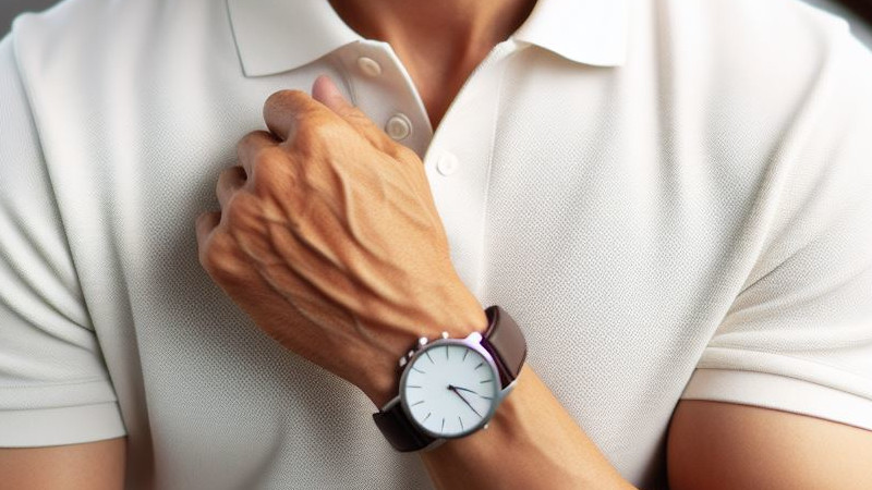 白いポロシャツと腕時計を身に付けている男性のイメージ画像